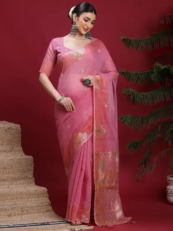 Raha_Pink_Premium_Linen_Jacquard_Saree_For_Women