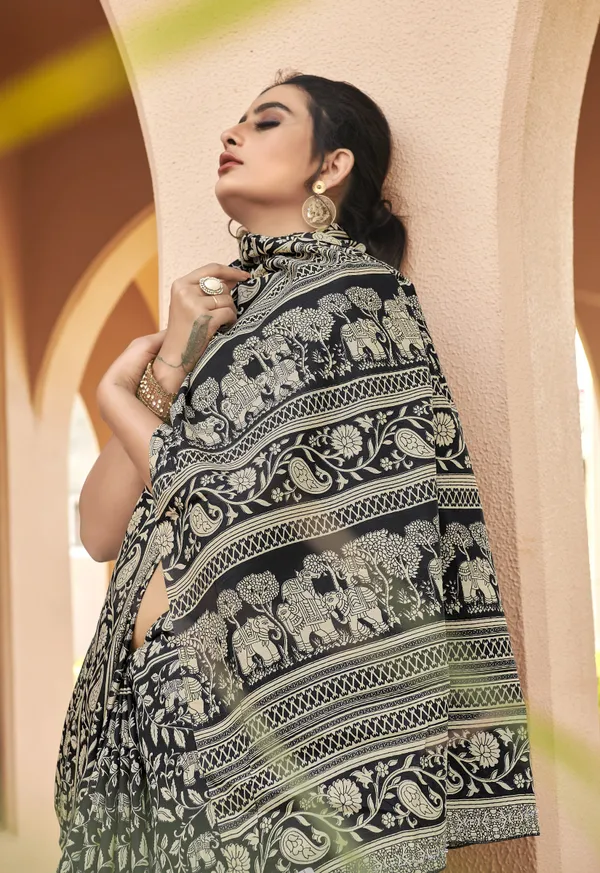 Manika_Cream_Black_Premium_Bhagalpuri_Silk_Saree_For_Women