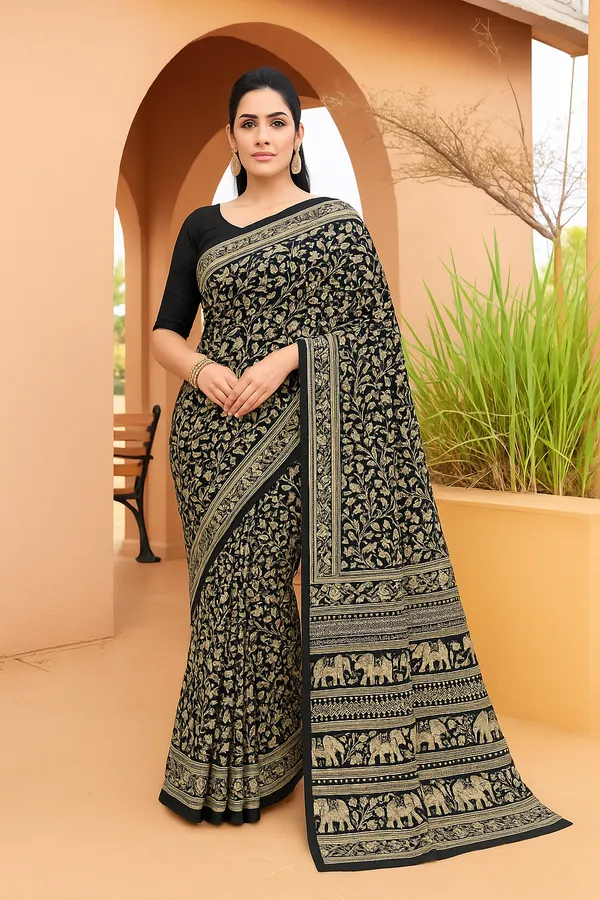 Manika_Cream_Black_Premium_Bhagalpuri_Silk_Saree_For_Women