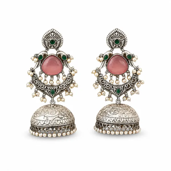 Pink_&_Green_Brass_&_Copper_Earrings_For_Women