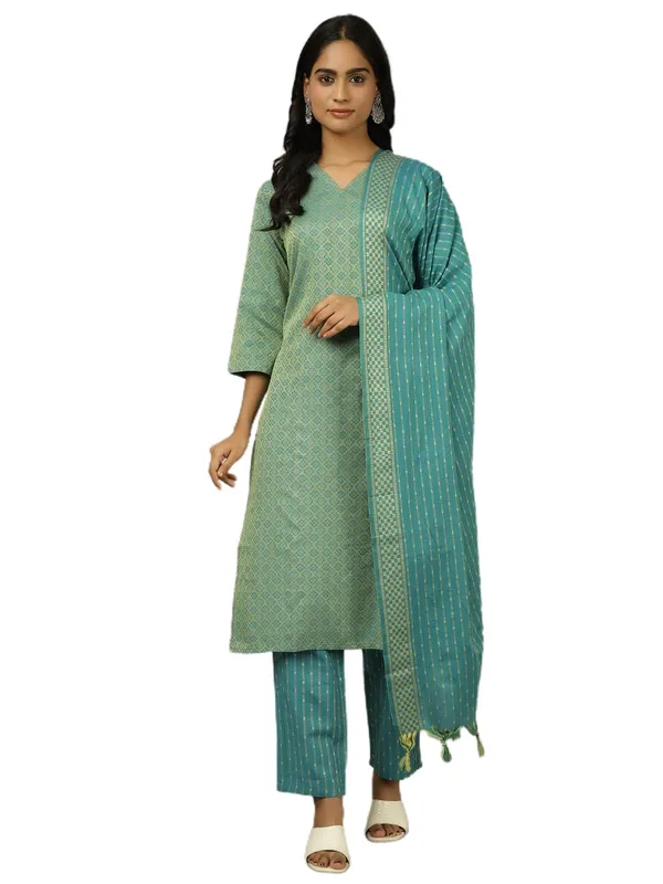 Sea_Green_Jaipur_Kurti_Sea_Green_Self_Design_Cotton_Blend_Suit_Set