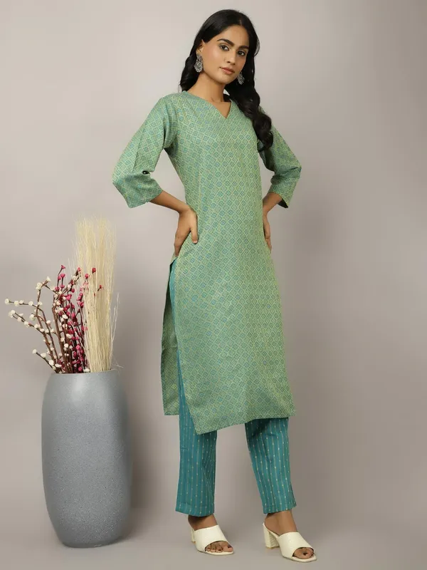 Sea_Green_Jaipur_Kurti_Sea_Green_Self_Design_Cotton_Blend_Suit_Set