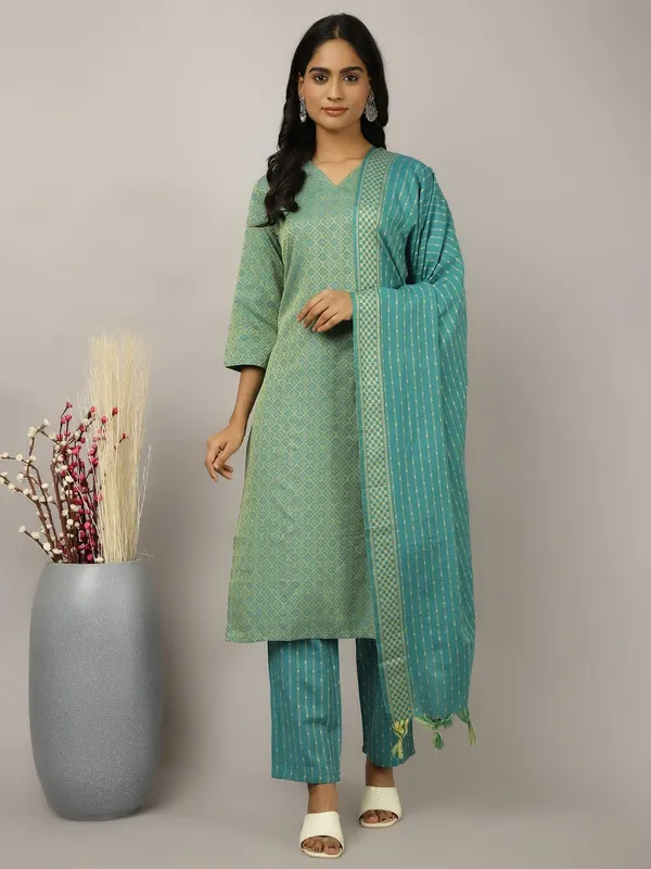 Sea_Green_Jaipur_Kurti_Sea_Green_Self_Design_Cotton_Blend_Suit_Set