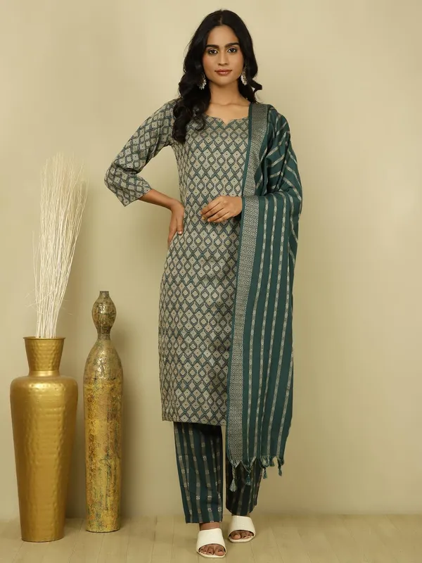 Dark_Green_Jaipur_Kurti_Dark_Green_Self_Design_Cotton_Blend_Suit_Set