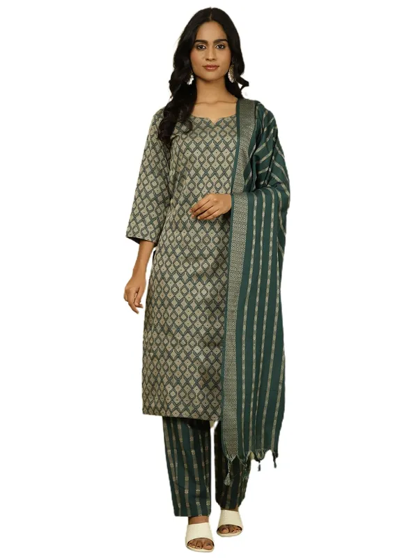 Dark_Green_Jaipur_Kurti_Dark_Green_Self_Design_Cotton_Blend_Suit_Set