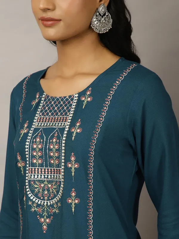 Teal_Jaipur_Kurti_Teal_Embroidered_Suit_Set