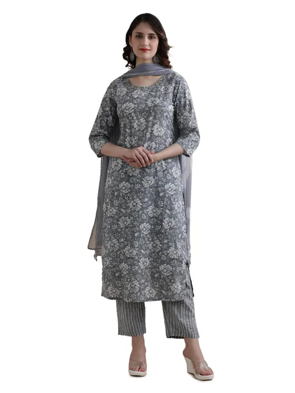 Grey_Jaipur_Kurti_Floral_Printed_Thread_Work_Pure_Cotton_Kurta_With_Pant_And_Chiffon_Dupatta