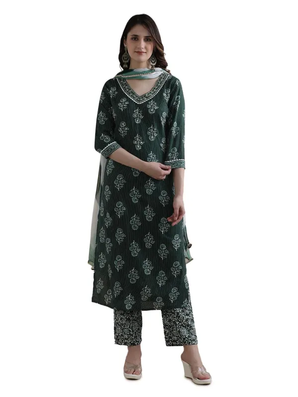 Green_Jaipur_Kurti_Floral_Printed_Gotta_Patti_Pure_Cotton_Kurta_With_Pant_And_Chiffon_Dupatta