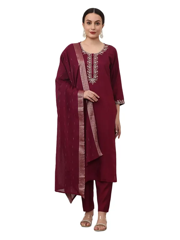 Wine_Jaipur_Kurti_Floral_Embroidered_Silk_Blend_Straight_Kurta_And_Trousers_Sets
