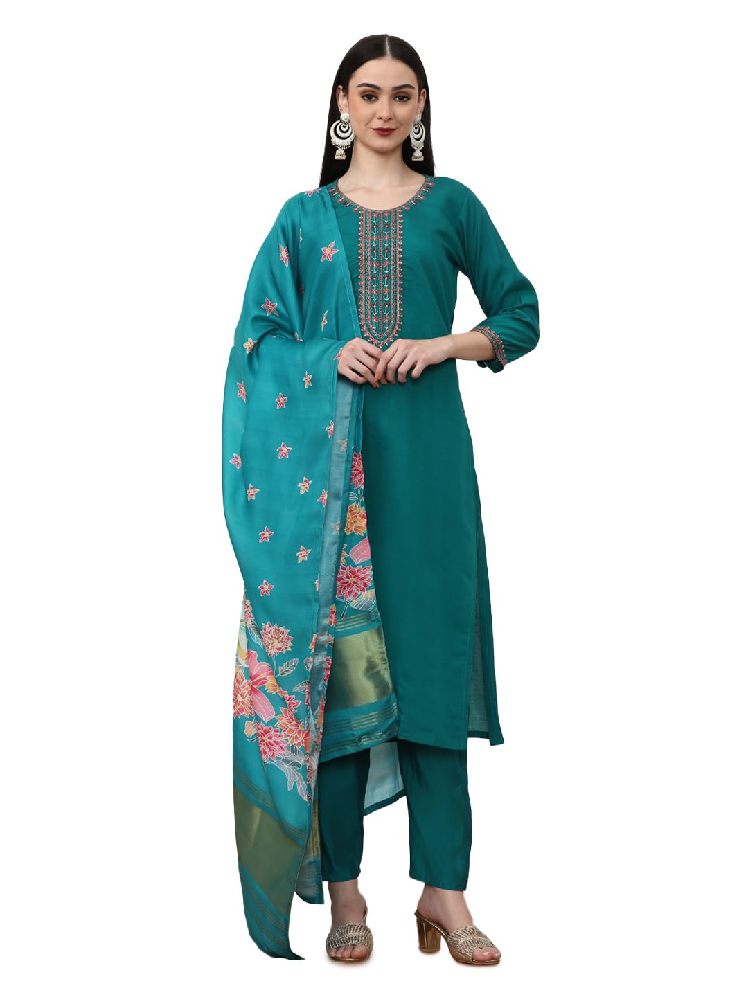 Turquoise_Jaipur_Kurti_Floral_Embroidered_Silk_Blend_Straight_Kurta_And_Trousers_Sets