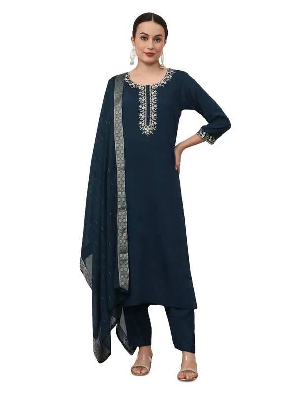 Navy_Blue_Jaipur_Kurti_Solid_Embroidered_Straight_Kurta_And_Trousers_Sets