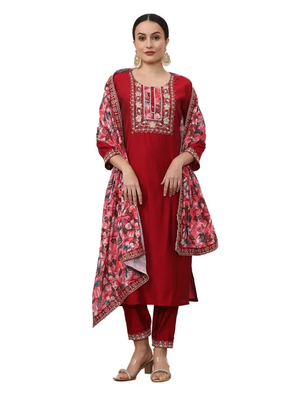 Wine_Jaipur_Kurti_Embroidered_Ethnic_Motifs_Kurta_Sets_With_Dupatta