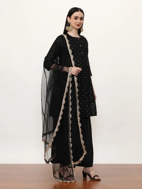 Black_Jaipur_Kurti_Printed_Chanderi_Cotton_Floral_Kurta_Sets_With_Net_Dupatta