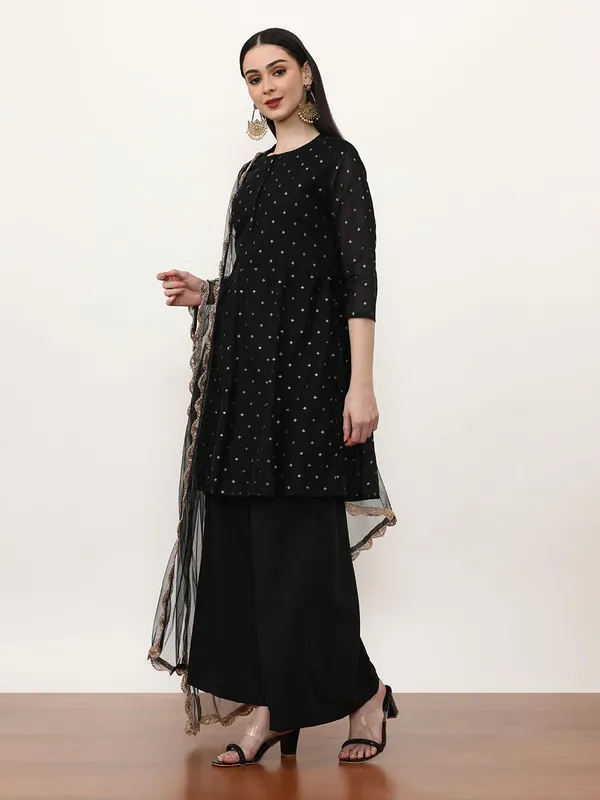 Black_Jaipur_Kurti_Printed_Chanderi_Cotton_Floral_Kurta_Sets_With_Net_Dupatta