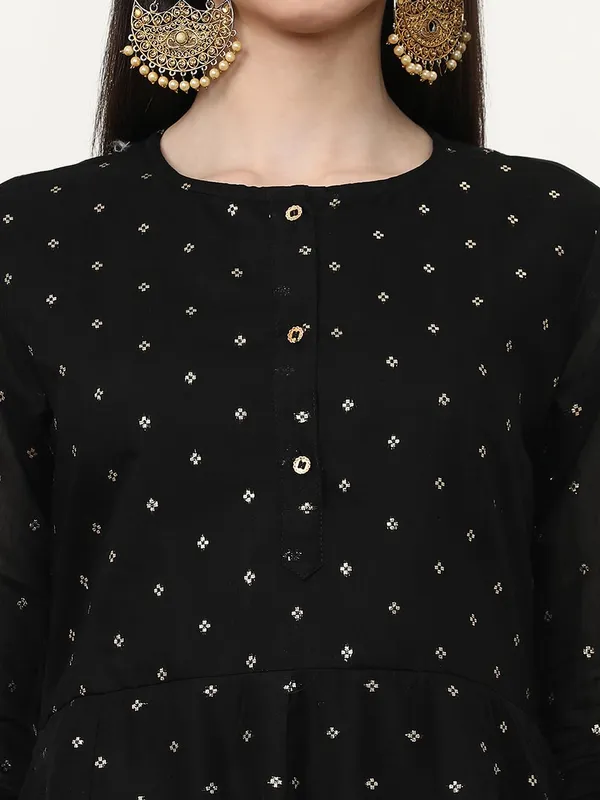 Black_Jaipur_Kurti_Printed_Chanderi_Cotton_Floral_Kurta_Sets_With_Net_Dupatta