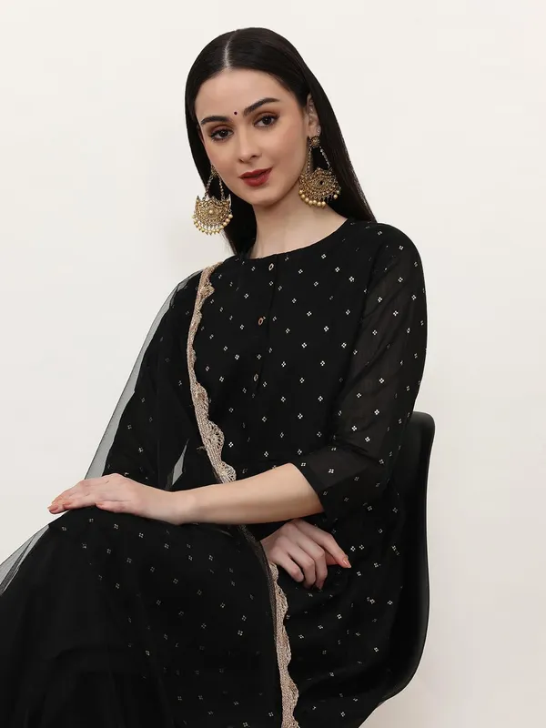 Black_Jaipur_Kurti_Printed_Chanderi_Cotton_Floral_Kurta_Sets_With_Net_Dupatta
