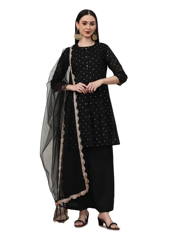 Black_Jaipur_Kurti_Printed_Chanderi_Cotton_Floral_Kurta_Sets_With_Net_Dupatta