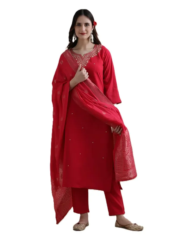 Red_Jaipur_Kurti_Embroidered_Organza_Ethnic_Motifs_Kurta_Sets_With_Dupatta