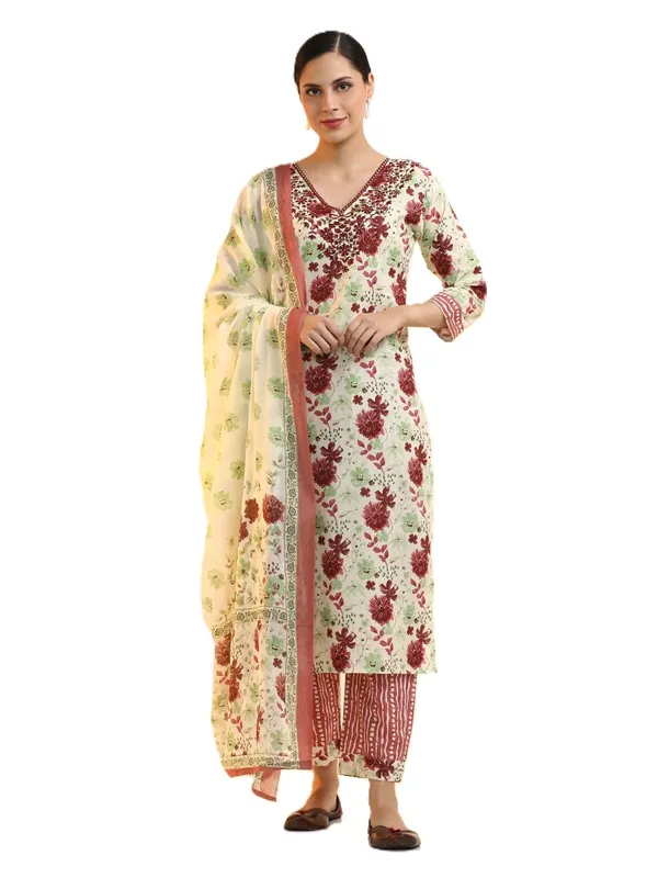 Cream_Jaipur_Kurti_Embroidered_Pure_Cotton_Floral_Kurta_Sets_With_Dupatta