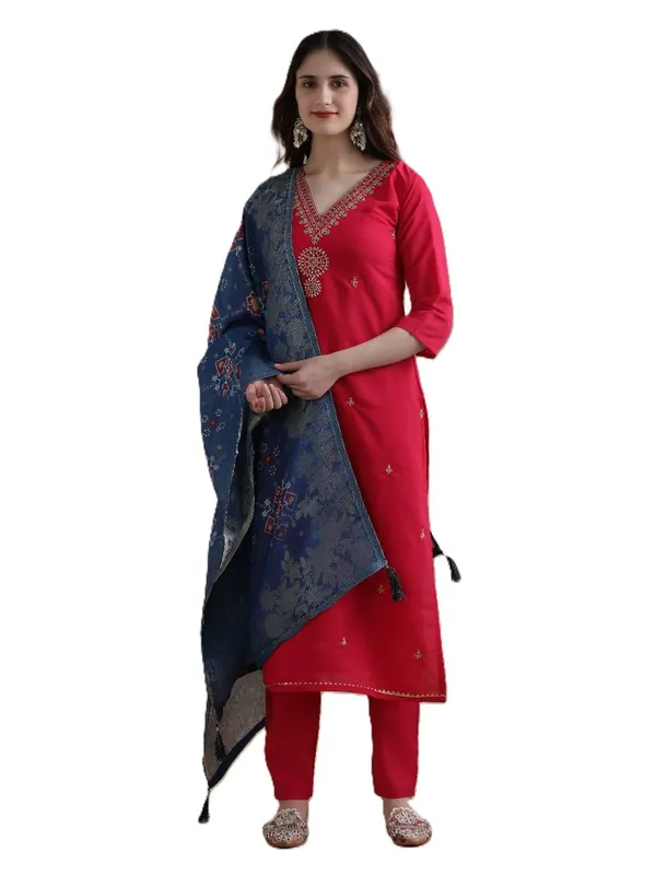 Red_Jaipur_Kurti_Embroidered_Chanderi_Cotton_Ethnic_Motifs_Kurta_Sets_With_Dupatta
