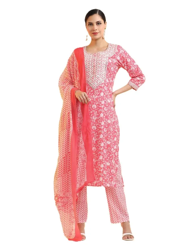 Light_Peach_Jaipur_Kurti_Embroidered_Pure_Cotton_Floral_Kurta_Sets_With_Dupatta