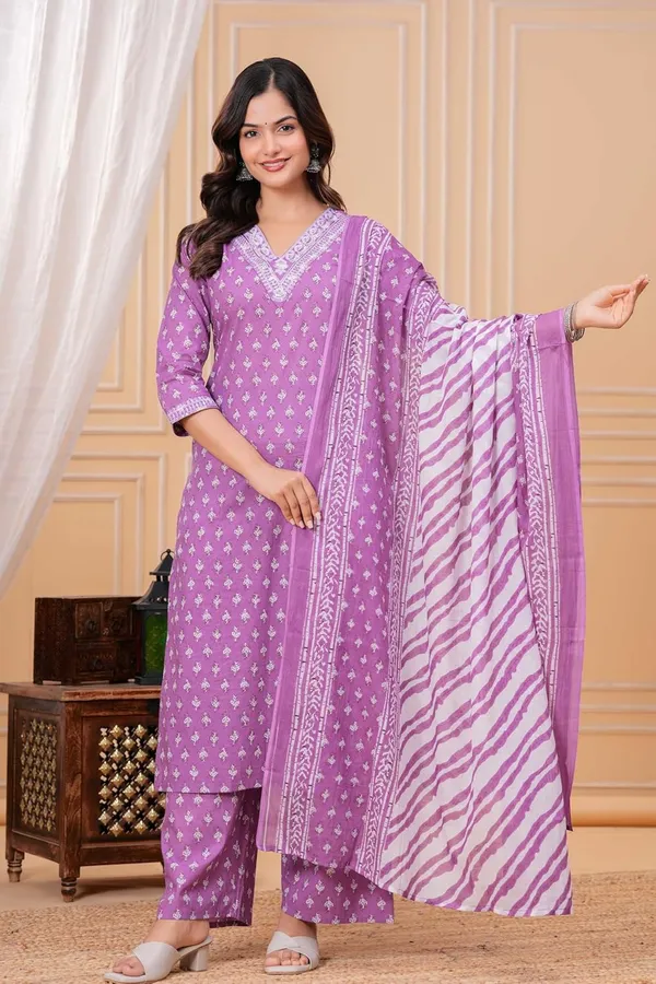 Purple_Pure_Cotton_Printed_Straight_Kurta_Set_With_Palazzo_And_Dupatta