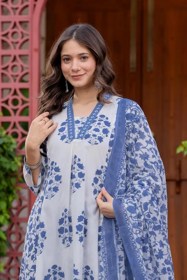 Teal_Blue_Pure_Cotton_Block_Printed_Ethnic_Wear_Kurta_And_Palazzo_Pants_And_Dupatta_Set