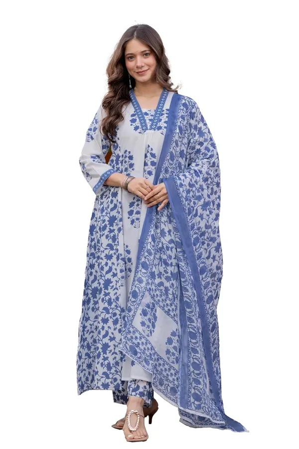 Teal_Blue_Pure_Cotton_Block_Printed_Ethnic_Wear_Kurta_And_Palazzo_Pants_And_Dupatta_Set