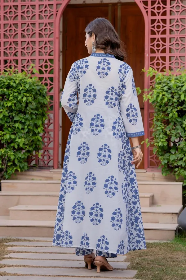 Teal_Blue_Pure_Cotton_Block_Printed_Ethnic_Wear_Kurta_And_Palazzo_Pants_And_Dupatta_Set