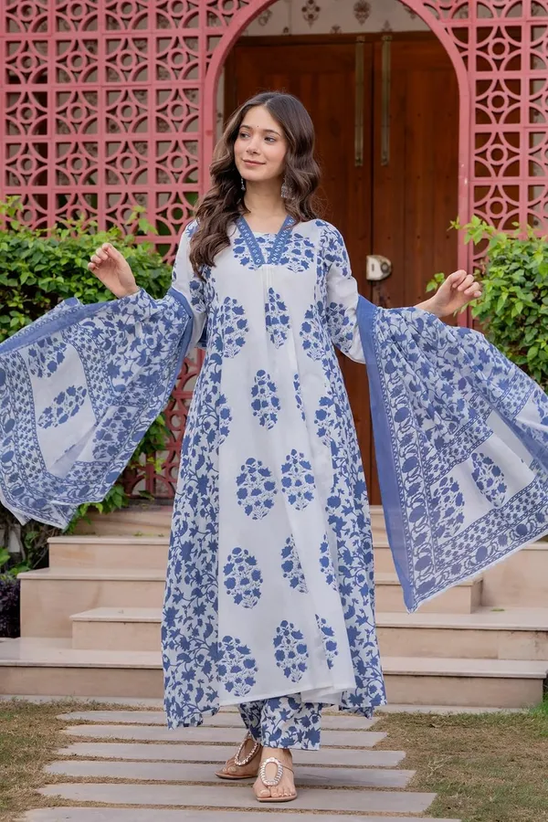 Teal_Blue_Pure_Cotton_Block_Printed_Ethnic_Wear_Kurta_And_Palazzo_Pants_And_Dupatta_Set