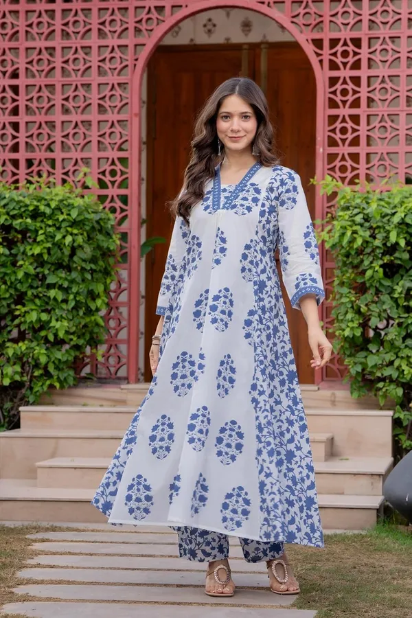 Teal_Blue_Pure_Cotton_Block_Printed_Ethnic_Wear_Kurta_And_Palazzo_Pants_And_Dupatta_Set