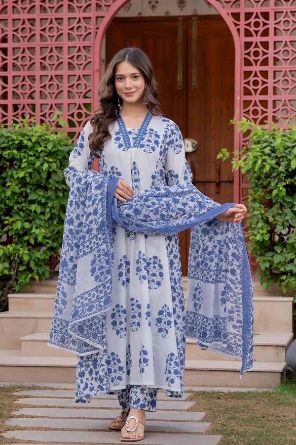 Teal_Blue_Pure_Cotton_Block_Printed_Ethnic_Wear_Kurta_And_Palazzo_Pants_And_Dupatta_Set