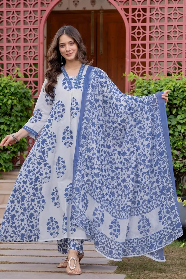 Teal_Blue_Pure_Cotton_Block_Printed_Ethnic_Wear_Kurta_And_Palazzo_Pants_And_Dupatta_Set