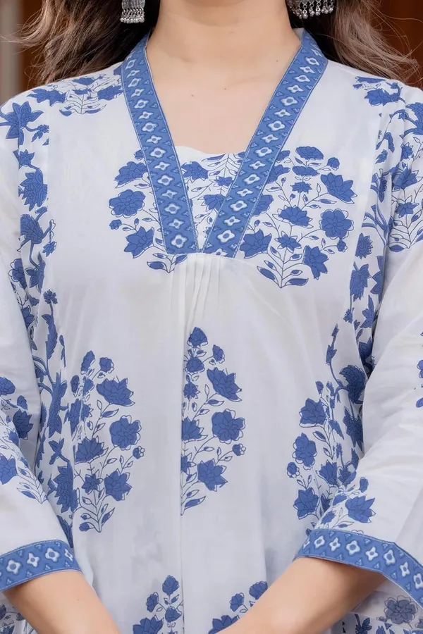 Teal_Blue_Pure_Cotton_Block_Printed_Ethnic_Wear_Kurta_And_Palazzo_Pants_And_Dupatta_Set