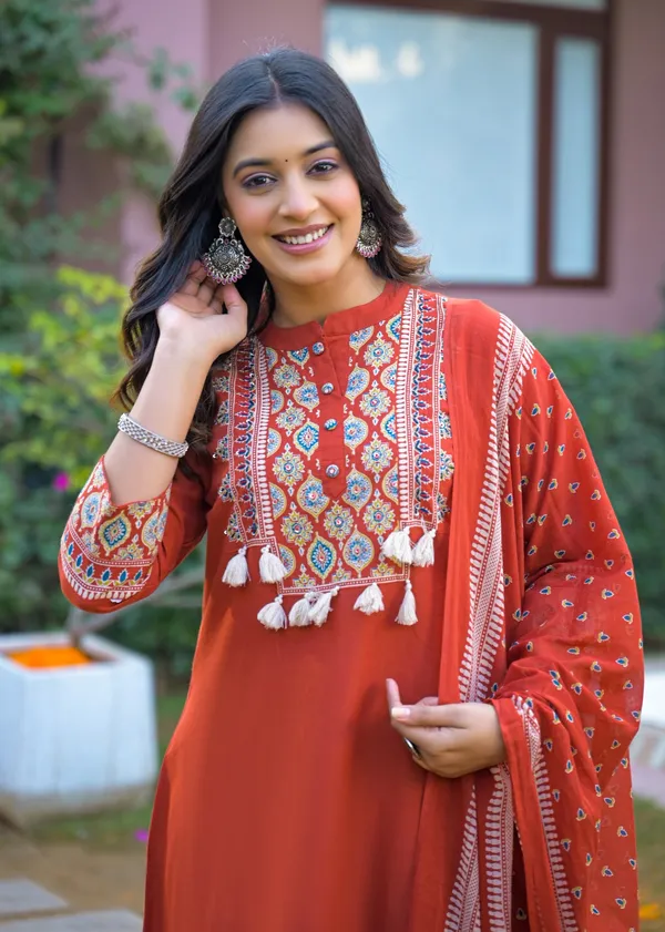 Multicolour_Festive_Rust_Red_Embroidered_Kurta_Set_With_Matching_Dupatta