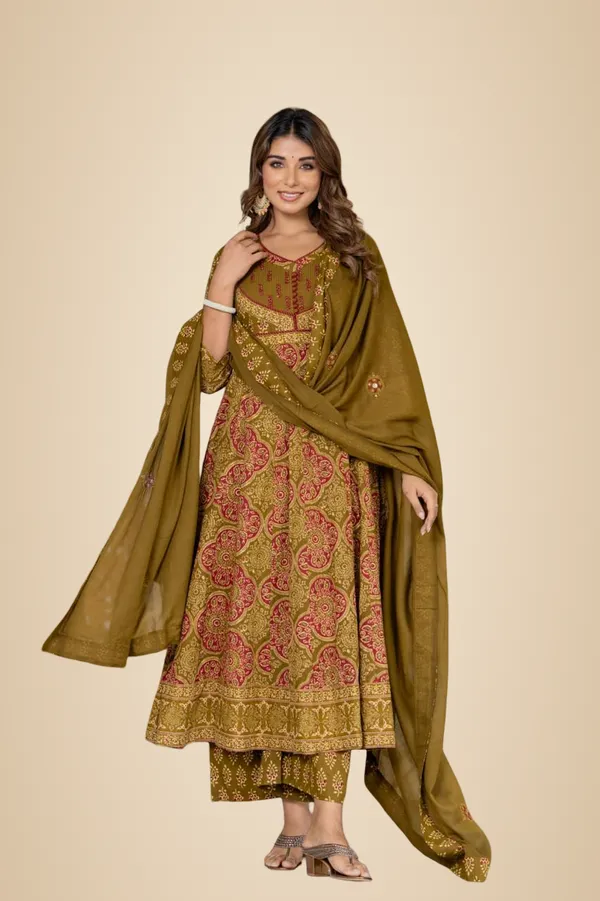 Olive_Green_Jaipuri_Premium_Olive_Green_Printed_Kurta_Pant_Set_With_Dupatta