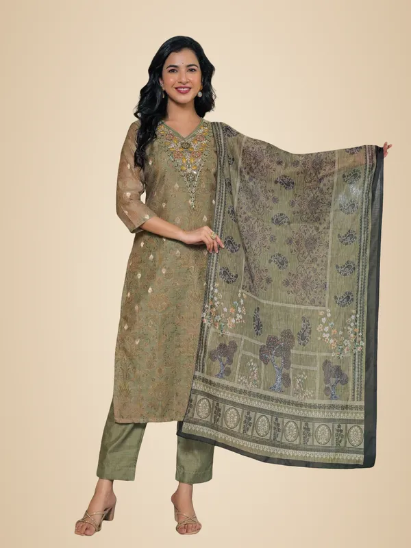 Olive_Green_Cotton_Embroidered_Kurta_Pant_Set_With_Designer_Printed_Dupatta