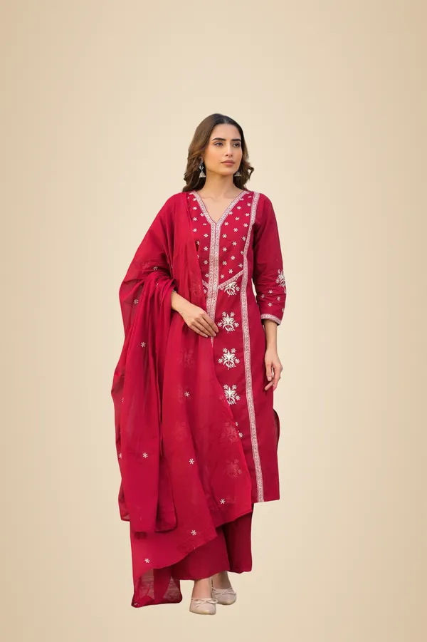 Wine_Red_Cotton_Embroidered_Kurta_Palazzo_Set_With_Dupatta