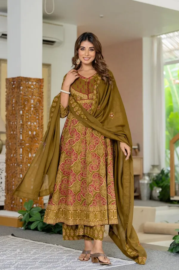 Olive_Green_Jaipuri_Premium_Olive_Green_Printed_Kurta_Pant_Set_With_Dupatta