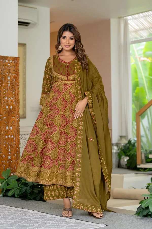 Olive_Green_Jaipuri_Premium_Olive_Green_Printed_Kurta_Pant_Set_With_Dupatta