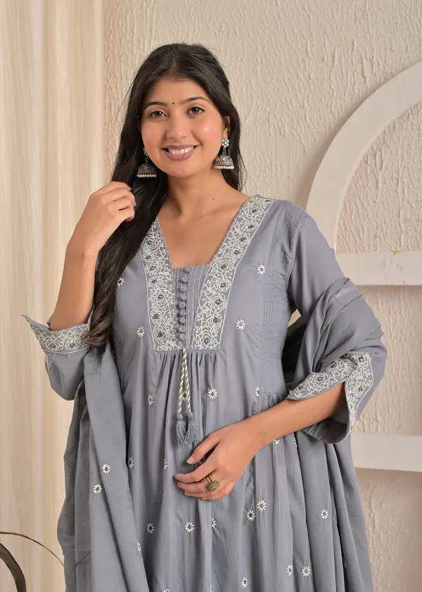 Charcoal_Grey_Cotton_Embroidered_Kurta_Pant_Set_With_Dupatta