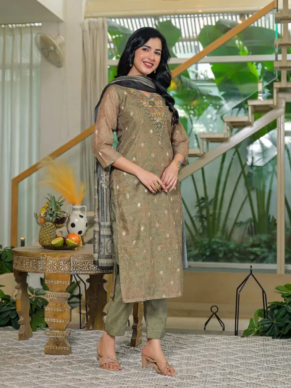 Olive_Green_Cotton_Embroidered_Kurta_Pant_Set_With_Designer_Printed_Dupatta