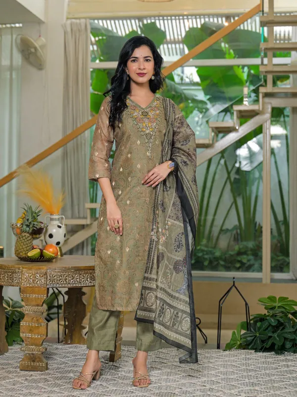Olive_Green_Cotton_Embroidered_Kurta_Pant_Set_With_Designer_Printed_Dupatta