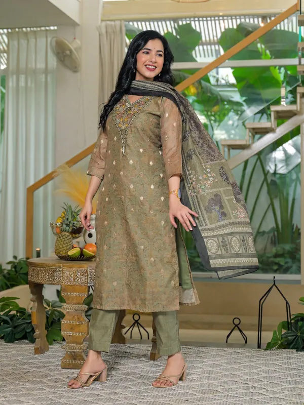 Olive_Green_Cotton_Embroidered_Kurta_Pant_Set_With_Designer_Printed_Dupatta