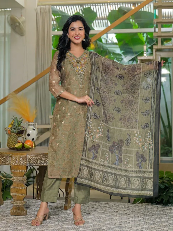 Olive_Green_Cotton_Embroidered_Kurta_Pant_Set_With_Designer_Printed_Dupatta