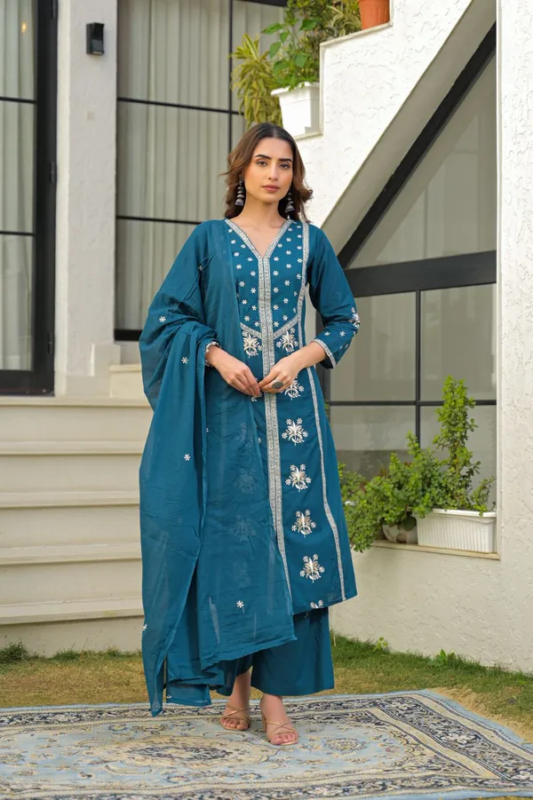 Teal_Blue_Embroidered_Kurta_Set_With_Dupatta