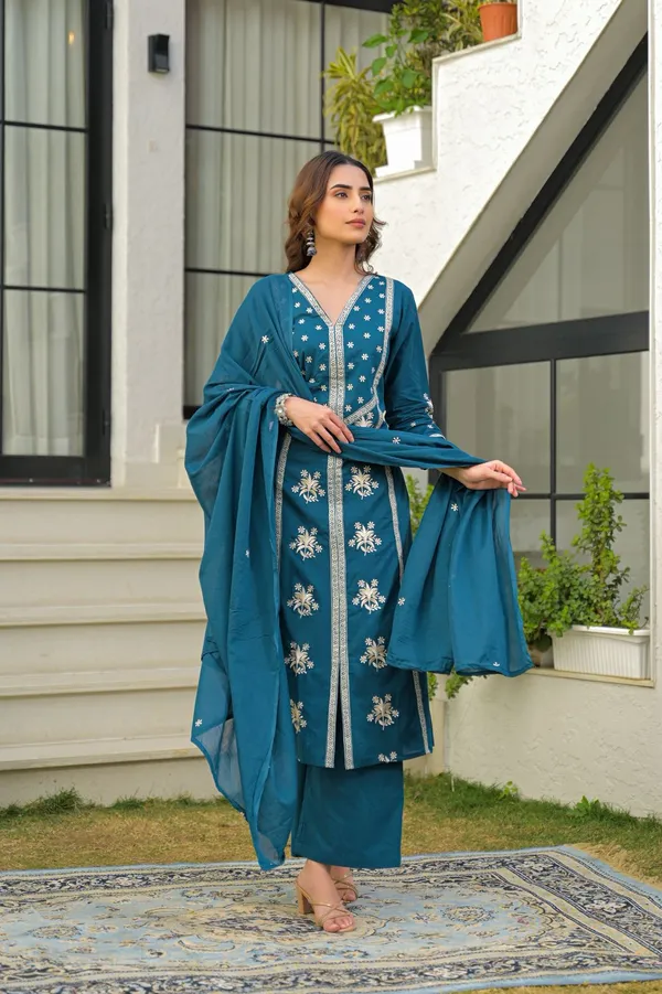 Teal_Blue_Embroidered_Kurta_Set_With_Dupatta