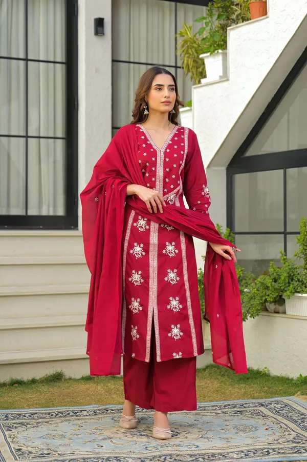 Wine_Red_Cotton_Embroidered_Kurta_Palazzo_Set_With_Dupatta