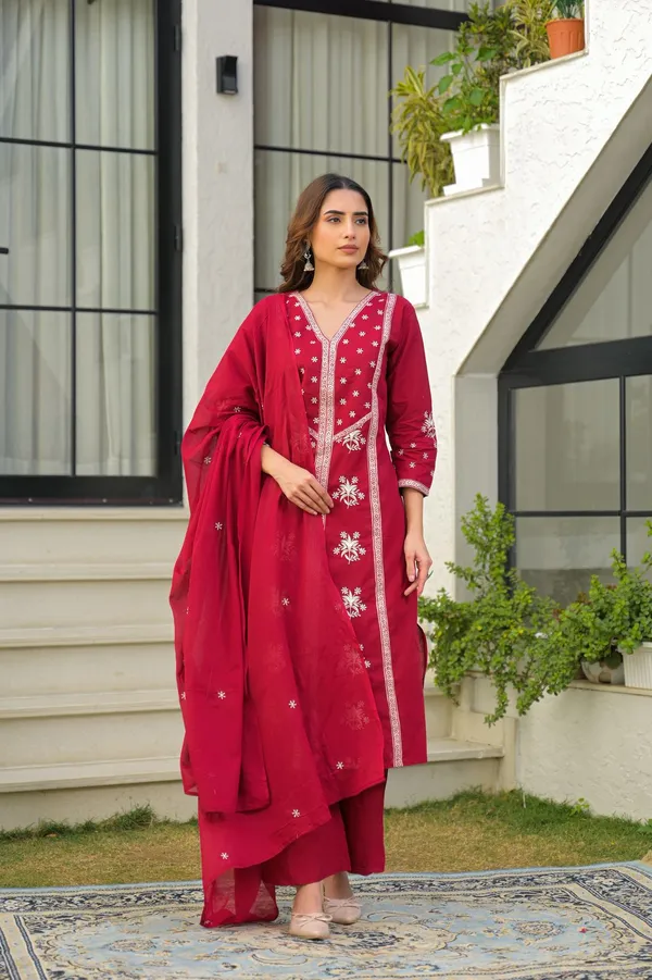Wine_Red_Cotton_Embroidered_Kurta_Palazzo_Set_With_Dupatta