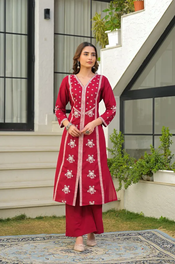 Wine_Red_Cotton_Embroidered_Kurta_Palazzo_Set_With_Dupatta